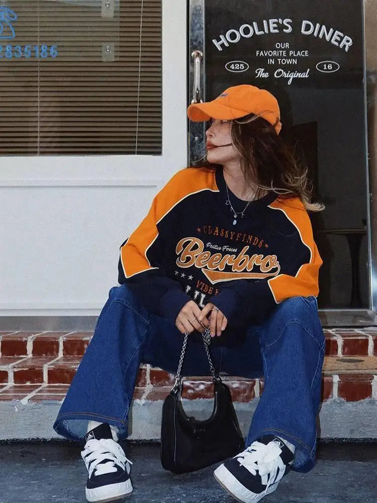 Preppy style contrasting sweatshirts American vintage patchwork pullover top sporty