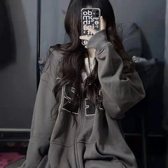 Zip Up Casual Hoodies Women Fleece Letter Print