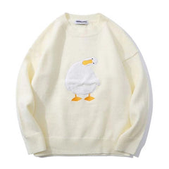 Men Harajuku Oversized Knitted Sweater Cartoon Duck Goose Print