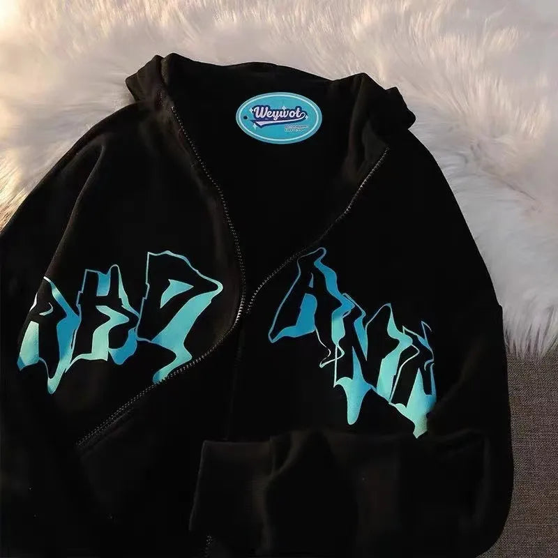 Letter Print Zip Up Hoodies Jacket Casual Hip Hop Harajuku Streetwear Y2K Clothes Tops