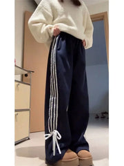 Y2K Fleece Sweatpants with Bow Women Korean Style Winter