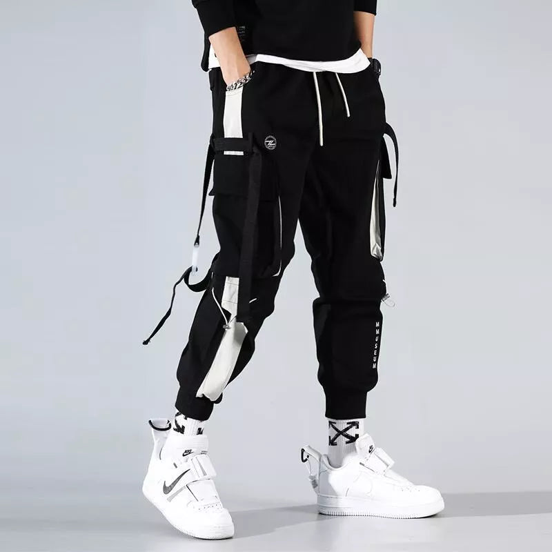 Men Drawstring Cargo Pants Classic Fit Letter Pocket Work Trousers
