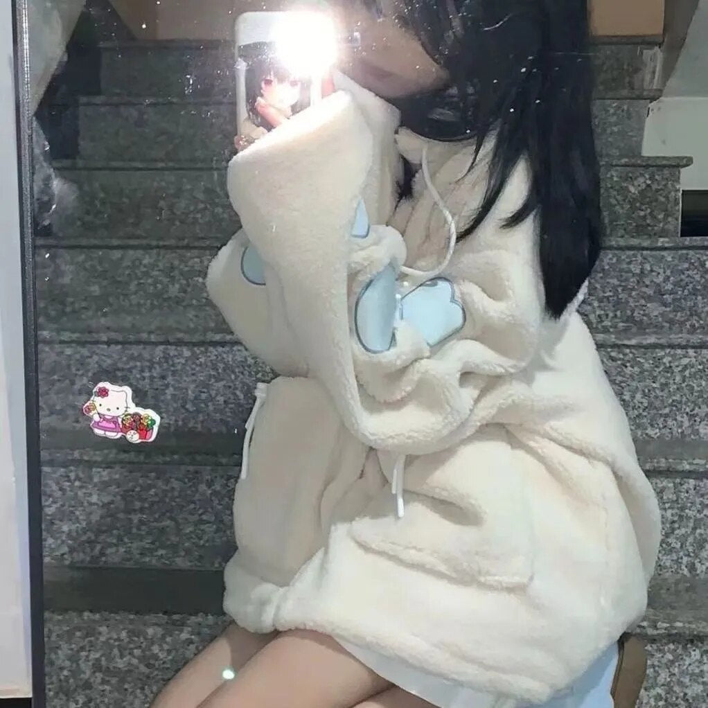 Streetwear Style Lambswool Love Heart Jacket for Women High Street Sweet Outerwear