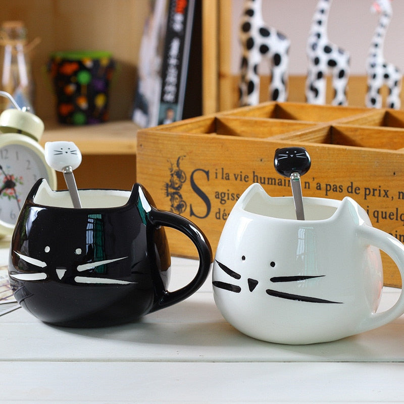 Cartoon Cat Mugs Coffee Cups with Stirring Spoon Black White Ceramic