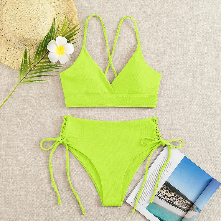 Cikini V-Neck Lace Up Bikini - Solid Color Swimwear