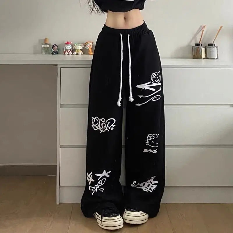 Straight Pajamas Sweatpants Autumn Loose High Hello Kitty Waist Trousers