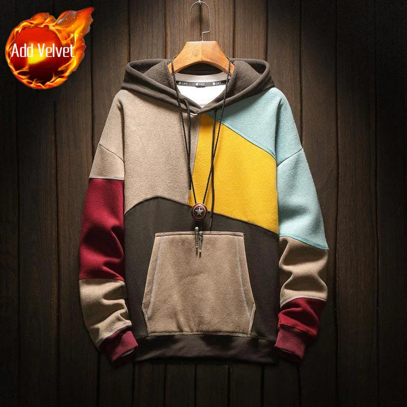 Men Yellow Sweatshirts Hooded Hoodies Fleeced Splicing Funny Streetwear