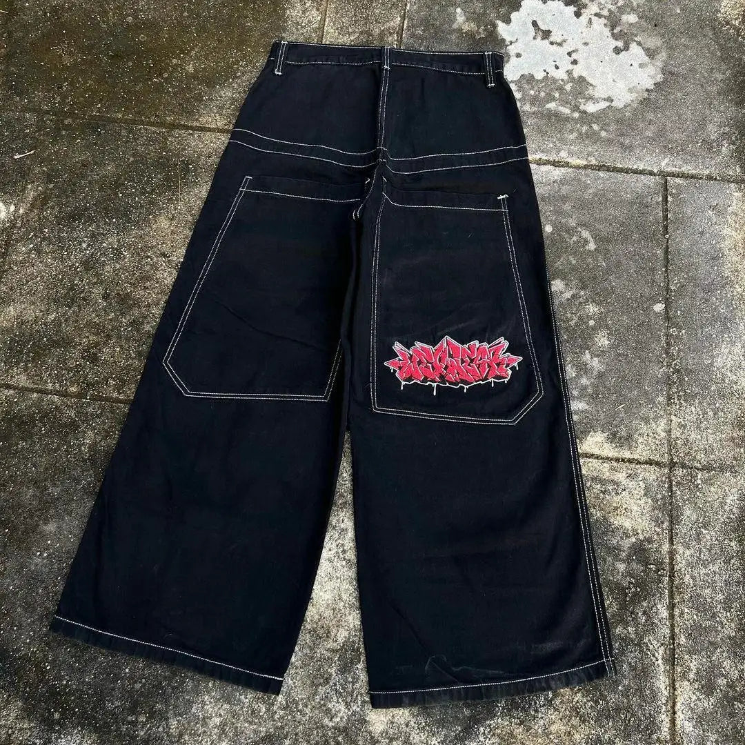 Japanese Graffiti Print Wide-Leg Jeans Women Oversized Spliced Denim Casual