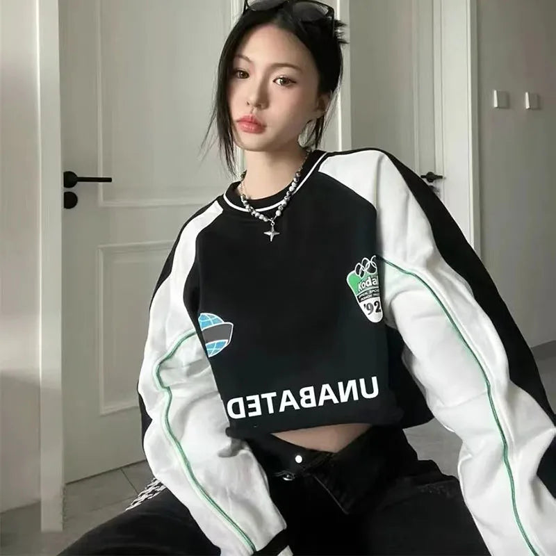 Y2K Letter Print Crop Sweatshirt Women Spring Fashion Patchwork Hoodie