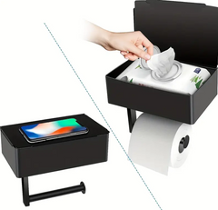 Black Elegance Guard: The Luxury Matt Black Toilet Roll Holder with Slim Storage Compartment