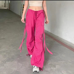 2024 Korean Pink Cargo Women Pants Y2K Chic Streetwear