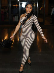 Cold Shoulder Stripe Print Jumpsuit