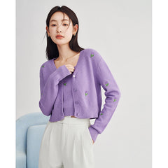 Sweaters Women Knit Cardigan Spring Long Sleeves V Neck Loose Floral Embroidery Purple