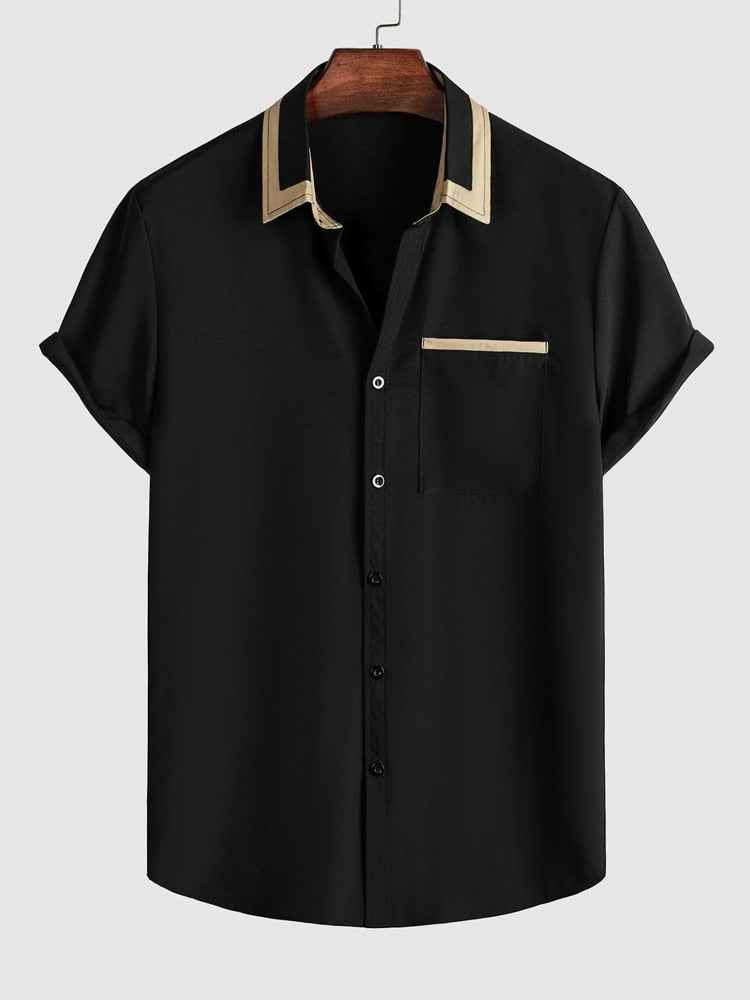 Men's Smart Casual Short Sleeve Shirt Patchwork Design, Polyester Fabric, Turn-down Collar, Ideal for Business and Summer Wear
