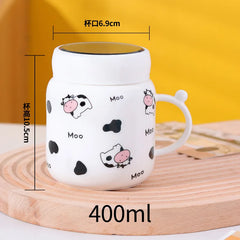 Cartoon Cow Mirror Mug Cute Cow Spotted Ceramic Water Bottle with Handle