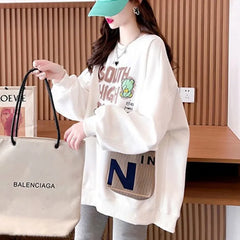 Loose Spliced Pockets Printed Letter Autumn New Casual Pullovers Asymmetrical