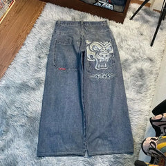 Retro Flame Skull High-Waist Jeans Harajuku Slim Denim for Women