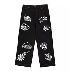 Retro Red Star Washed Jeans Slimming High Street Women's Trousers
