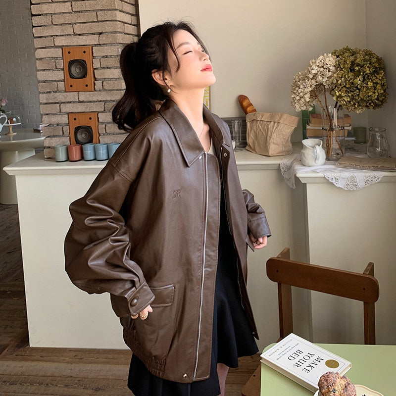 Autumn Vintage Brown PU Leather Jacket - Women's Motorcycle Coat