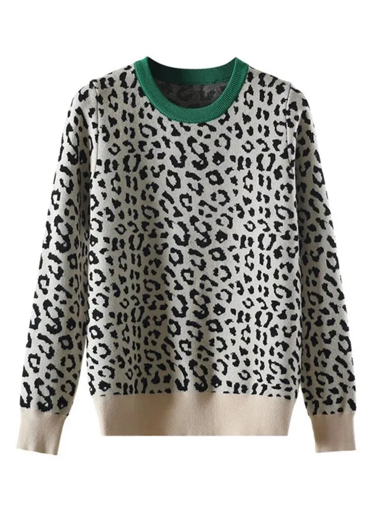 Leopard Knit Sweaters for Women Autumn Winter Pullovers with Long Sleeves