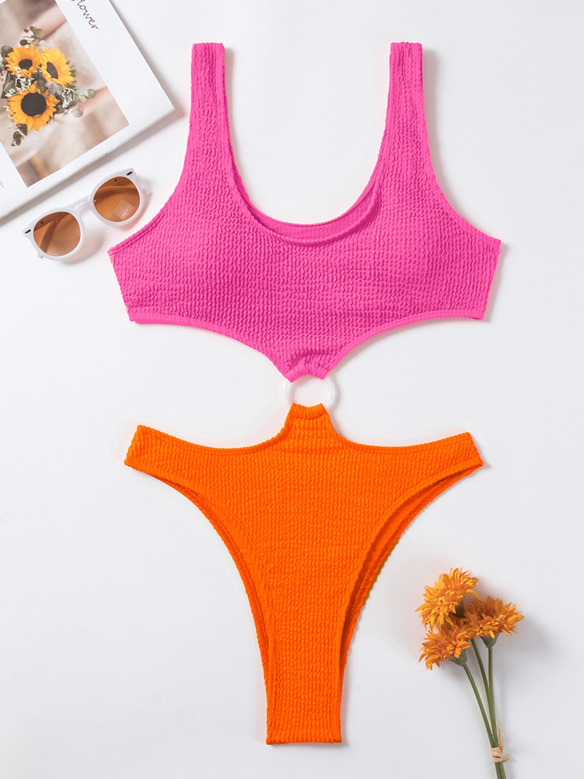 Sexy Women One Piece Swimsuit Textured High Waist Monokini