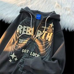 Men's Retro Demon Print Zip Hoodie Vintage Aesthetic Streetwear Jacket