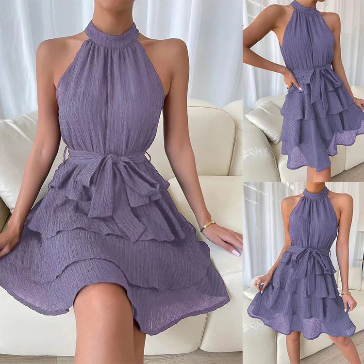 Ruffle Design Dress Halter Neck Dress Casual Sweet Style Dress Grace Sleeveless