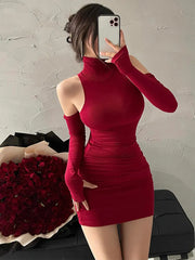 Summer High Neck Bodycon Dress Sexy Tight Pleated Bottom
