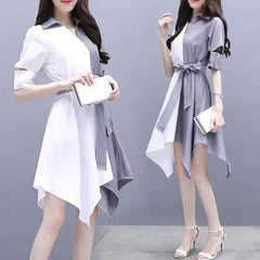 Striped Spliced Bandage Bow Asymmetrical Casual Dresses Women Clothing 2024