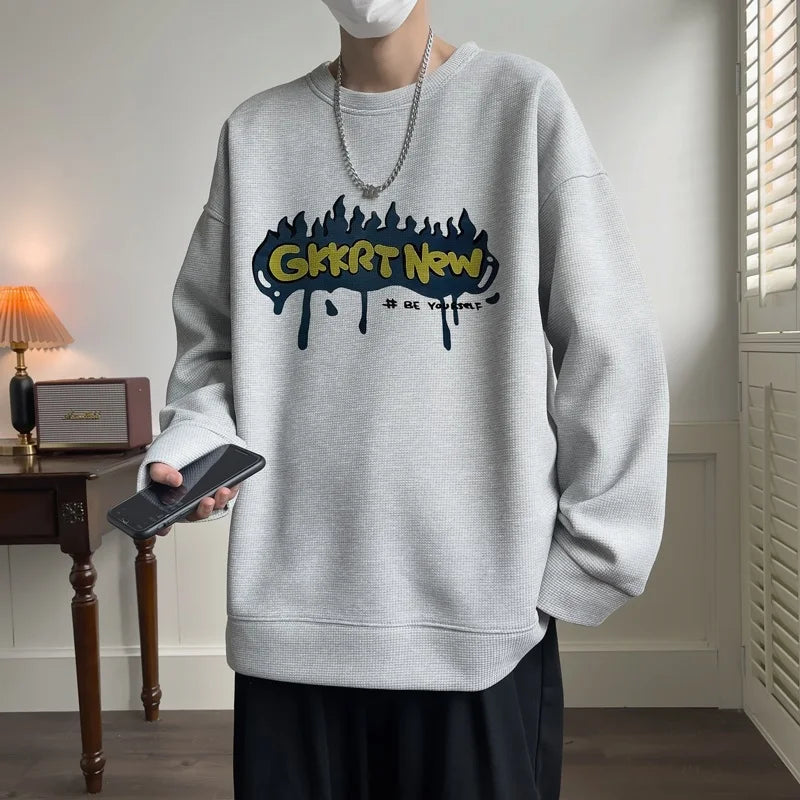 Men Loose Harajuku O Neck Long Sleeve Casual Tops Pullovers Oversized Letter Hoodies