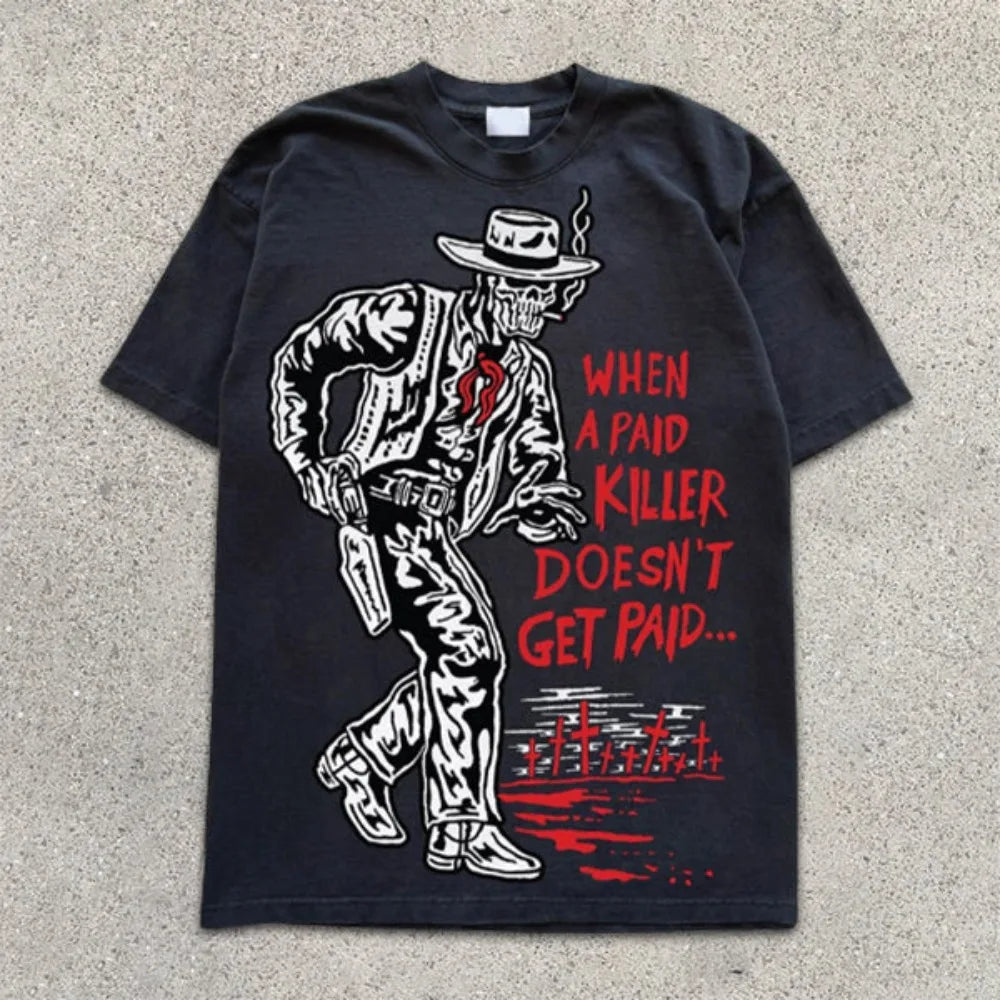 Hip Hop Y2K Streetwear Cowboy T-shirt Skeleton Print Men