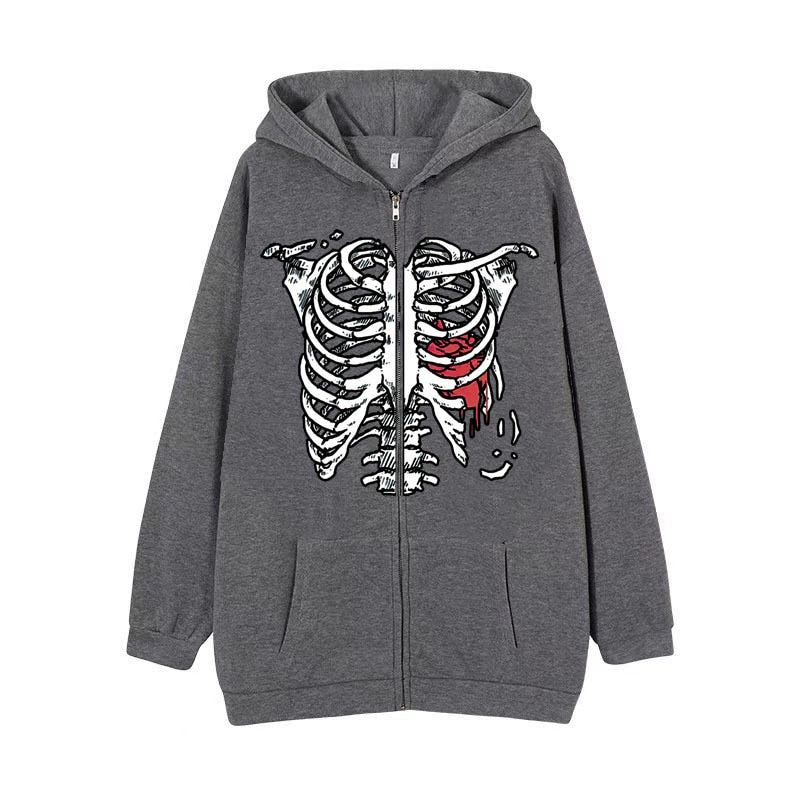 Y2K Dark Skull Skeleton Zip Up Hoodie Men's Oversized Jackets, Gothic Couple's Harajuku Fashion Sweatshirt
