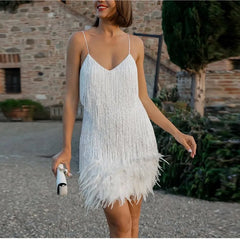 Stylish Mini Dress Sexy Feather Details for an Elegant Evening Party or Club Look