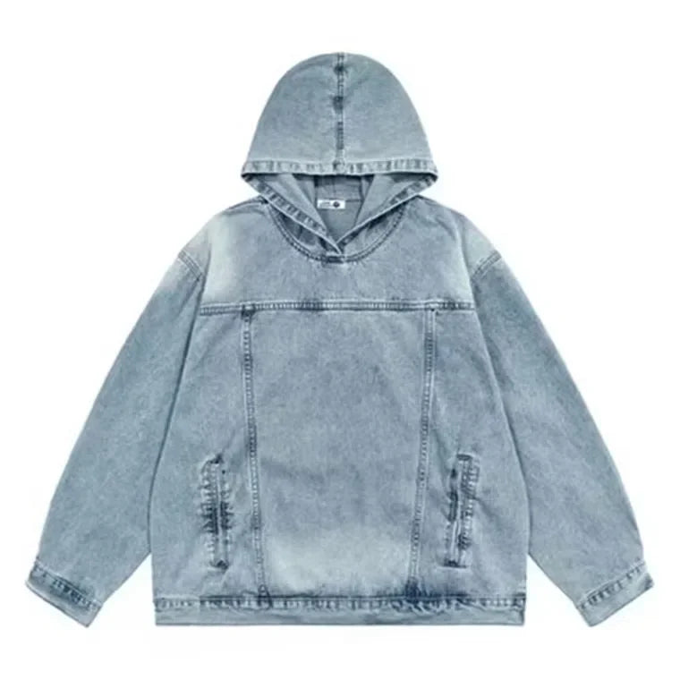 Japanese Denim Hooded Jacket Men Women Loose Casual Vintage Sweatshirt Coat High