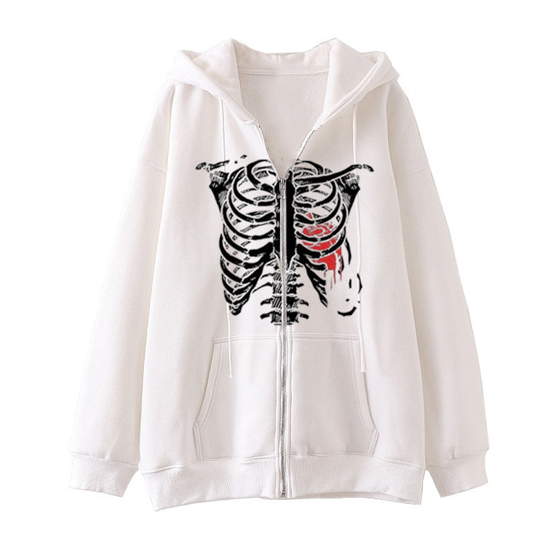 Y2K Dark Skull Skeleton Zip Up Hoodie Men's Oversized Jackets, Gothic Couple's Harajuku Fashion Sweatshirt