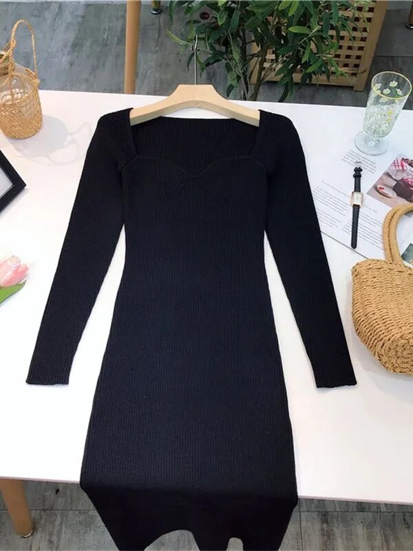 Stay Cozy and Stylish with Our Ribbed Square Neck Knitted Dress - Perfect for Streetwear