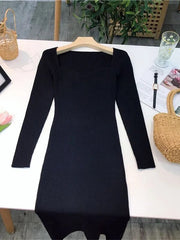 Stay Cozy and Stylish with Our Ribbed Square Neck Knitted Dress - Perfect for Streetwear