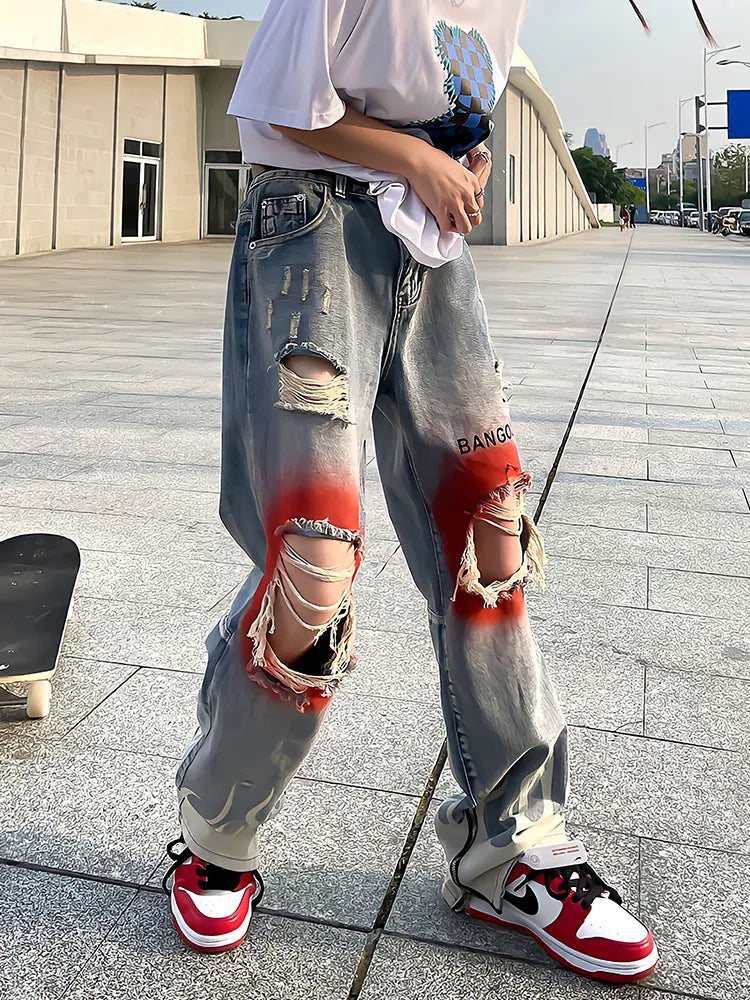 Retro Streetwear Flame Print Jeans: Y2k Blue Fashion for 2023