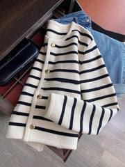 Sweater Elegant Korean Fashion White Black Striped Style Vintage For Cardigan Women