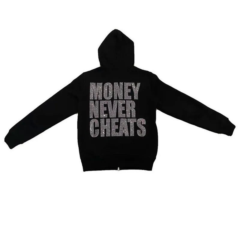 Y2K Gothic Hoodies Clothes Money Never Cheats Rhinestones Print Men Clothing