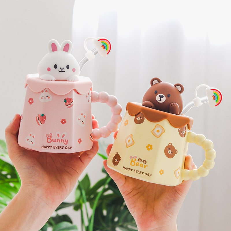 Cartoon Ceramic Mug With Lid and Spoon Creative