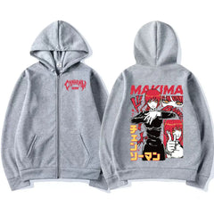 Japan AnimeHooded Makima Funny Print Zip Up Sweatshirt Harajuku Warm Zipper Jacket