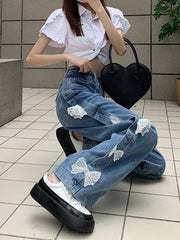 Sweet and Kawaii: Y2k High Waist Lace Bow Denim Pants - New Korean Fashion