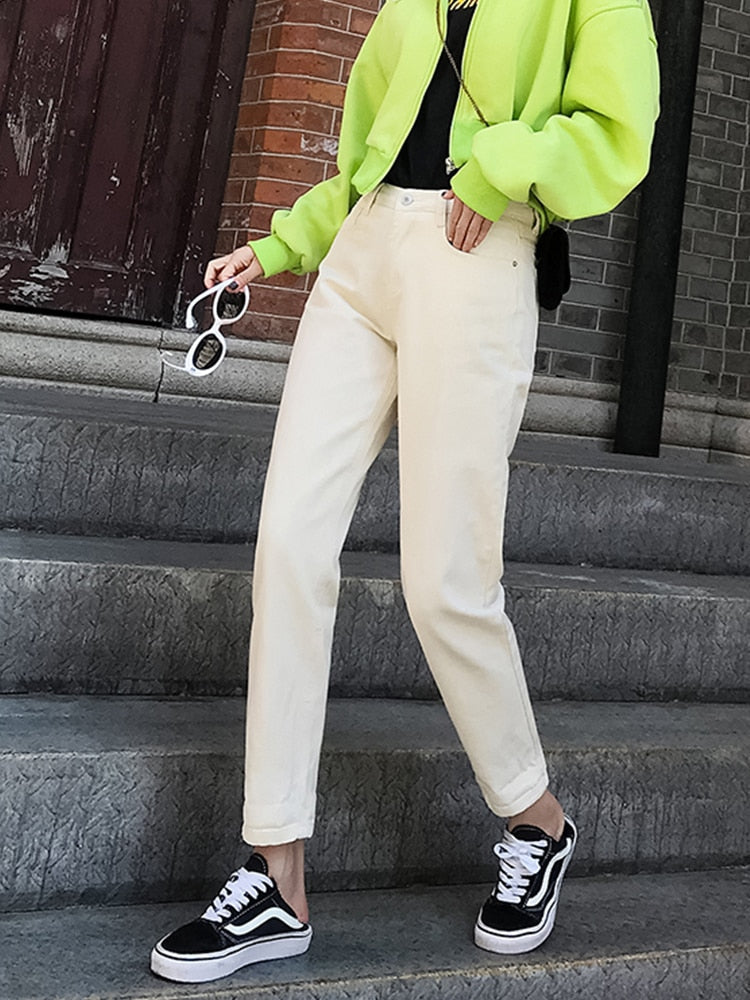 Jeans for Women High Waist Casual Black Streetwear Denim Pants Beige Blue