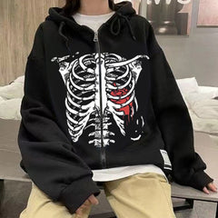 Y2K Dark Skull Skeleton Zip Up Hoodie Men's Oversized Jackets, Gothic Couple's Harajuku Fashion Sweatshirt