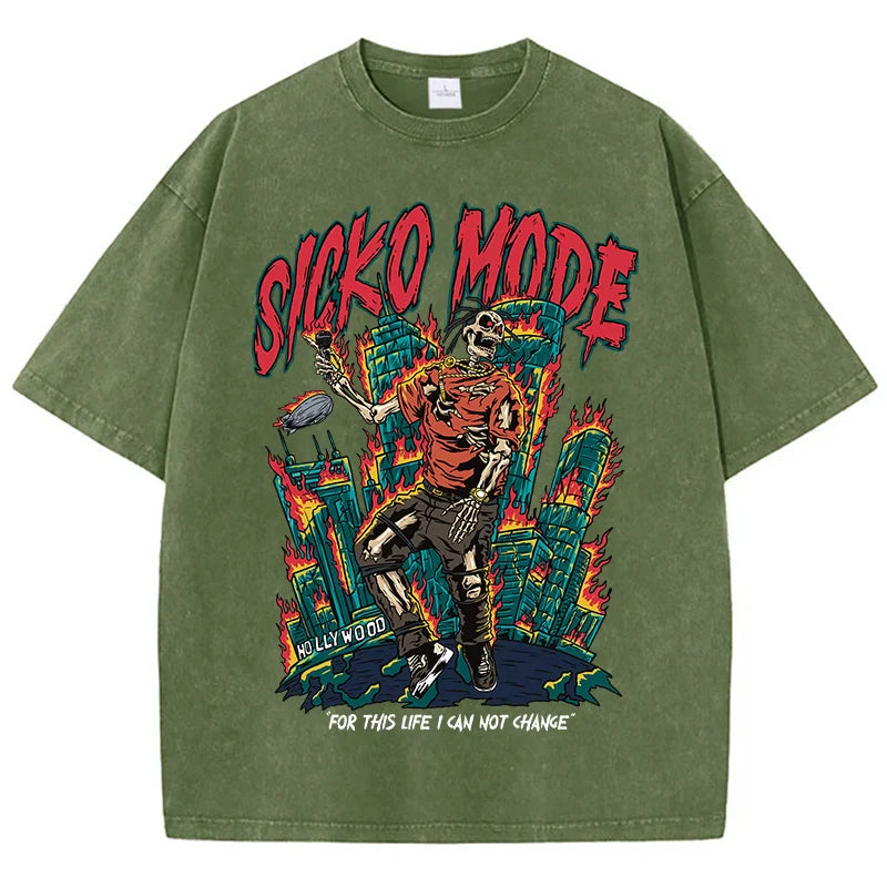 Street Clothing Washed Old Cotton Streetwear Skeleton Singer Graphic