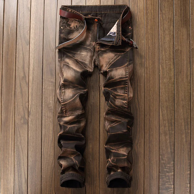 Casual Mid-rise Coated Slim Straight Pleated Biker Jeans Pants