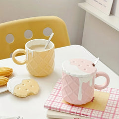 Biscuit Pattern Coffee Mug With Lid And Spoon Kawaii Water Cup Summer Winter
