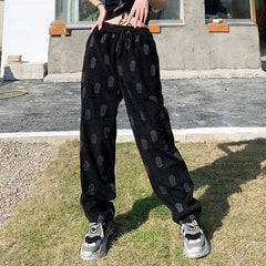 Women's Summer Skulls Drawstring Pants: Loose High Waist Trousers in Popular Korean Preppy Style