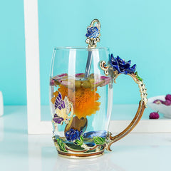 Blue Rose Enamel Crystal Cup Flower Tea Glass Glass Cup Flower Mug with Handgrip